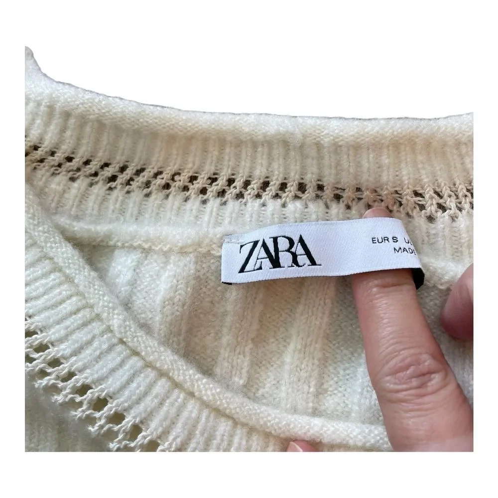 Zara Knit Sweater Small Cream Lace Detail Ribbed Cotton Blend Stretch